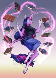 Size: 1599x2250 | Tagged: safe, artist:blackblood-queen, twilight sparkle, bat pony, bat pony unicorn, hybrid, unicorn, anthro, unguligrade anthro, g4, book, breasts, busty twilight sparkle, clothes, cloven hooves, curved horn, digital art, fangs, female, glowing, glowing horn, gradient background, horn, leonine tail, levitation, magic, mare, shirt, smiling, solo, tail, telekinesis