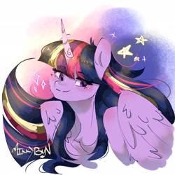 Size: 2048x2048 | Tagged: safe, artist:mikkybun, twilight sparkle, alicorn, pony, g4, bust, chest fluff, female, mare, shoulder blush, signature, simple background, solo, twilight sparkle (alicorn), white background