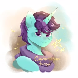 Size: 2048x2048 | Tagged: safe, artist:mikkybun, oc, oc only, pony, unicorn, bust, clothes, commission, eyebrows, eyebrows visible through hair, horn, looking at you, male, scarf, signature, smiling, smiling at you, solo, stallion