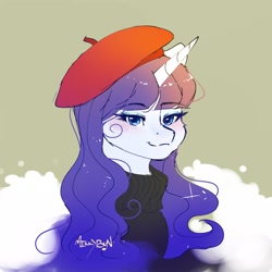 Size: 2048x2048 | Tagged: safe, artist:mikkybun, rarity, pony, unicorn, g4, beatnik rarity, beret, blushing, bust, clothes, female, hat, horn, looking at you, mare, signature, simple background, smiling, smiling at you, solo, sweater