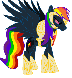 Size: 690x750 | Tagged: safe, artist:qjosh, rainbow dash, pegasus, pony, g4, bevor, boots, chestplate, corrupted element of harmony, corrupted element of loyalty, darkened coat, darkened hair, element of harmony, element of loyalty, female, flanchards, helmet, mare, nightmare rainbow dash, nightmarified, pauldrant, rerebrant, saddle, shoes, simple background, slit pupils, solo, tack, transformation, transformation sequence, white background