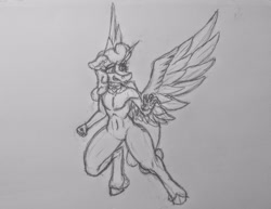 Size: 4001x3083 | Tagged: safe, artist:soundwavedragon, oc, oc only, oc:fizzy sprinkles, alicorn, pony, anthro, bipedal, collar, curly hair, curly mane, curly tail, eyelashes, feathered fetlocks, feathered wings, femboy, feminine stallion, fingernails, floppy ears, heart, heart charm, hooves, horn, large wings, long hair, long hair male, long horn, long mane, long tail, male, sketch, solo, spread wings, stallion, tail, thighs, thunder thighs, traditional art, wide hips, wings