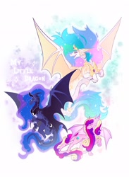 Size: 1496x2048 | Tagged: safe, artist:koffeemilk, princess cadance, princess celestia, princess luna, dragon, g4, alicorn triarchy, dragondance, dragoness, dragonified, dragonlestia, eyes closed, female, lunadragon, my little x, open mouth, open smile, smiling, species swap, spread wings, trio, trio female, wings