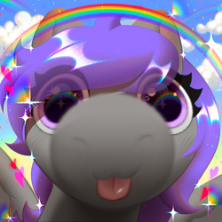 Size: 3000x3000 | Tagged: safe, artist:rrd-artist, oc, oc only, oc:rural soup, pegasus, blushing, close-up, cloud, cute, foreshortening, gray coat, heart, purple eyes, purple mane, rainbow, snoot, snout, solo, sparkles, tongue out