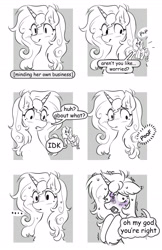 Size: 2100x3246 | Tagged: safe, artist:opalacorn, oc, oc only, pony, unicorn, ..., anxiety, black and white, bust, dialogue, female, floppy ears, grayscale, horn, mare, monochrome, partial color, solo