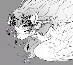 Size: 3000x2648 | Tagged: safe, artist:opalacorn, oc, oc only, oc:void, pegasus, pony, black and white, bust, female, gray background, grayscale, laurel wreath, mare, monochrome, neck wings, nose piercing, nose ring, piercing, simple background, solo