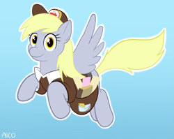 Size: 13411x10663 | Tagged: safe, artist:alcosaurus, artist:alcosaurusrex, derpy hooves, pegasus, pony, g4, blue background, flying, gradient background, hat, mailmare, mailmare hat, mailmare uniform, smiling, solo