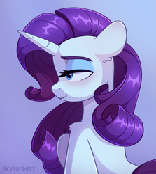 Size: 1853x2077 | Tagged: safe, artist:skysorbett, rarity, pony, unicorn, g4, back, blushing, cute, eyebrows, eyeshadow, female, gradient background, horn, human shoulders, makeup, mare, raribetes, shoulder fluff, solo