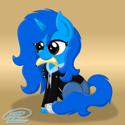 Size: 4608x4608 | Tagged: safe, artist:iamaveryrealperson, oc, oc only, oc:"d", pony, unicorn, ask, banana, blue coat, blue mane, blue pony, brown eyes, chewing, closed mouth, clothes, colored, denim, eating, eyelashes, female, food, gradient background, herbivore, hoodie, horn, jacket, jeans, leather, leather jacket, long hair, long mane, long tail, mare, name, nom, pants, pink socks, pocket, shadow, shoes, signature, sitting, socks, solo, tail, trans female, transgender, transgender oc, tumblr, unicorn horn, unicorn oc, watermark, zipper