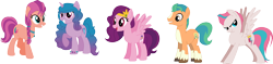 Size: 1810x428 | Tagged: safe, artist:victorfazbear, hitch trailblazer, izzy moonbow, pipp petals, sunny starscout, zipp storm, earth pony, pegasus, pony, unicorn, g4, g5, my little pony: a new generation, female, g5 to g4, generation leap, horn, male, mane five, mare, simple background, spread wings, stallion, transparent background, unshorn fetlocks, wings