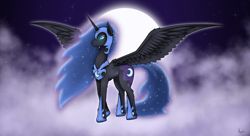 Size: 2650x1440 | Tagged: safe, artist:argent arms, nightmare moon, alicorn, pony, g4, cloud, cloudy, ethereal mane, ethereal tail, female, full body, full moon, helmet, hoof shoes, horn, mare, moon, night, night sky, princess shoes, royalty, sky, solo, spread wings, starry mane, starry tail, stars, tail, wings