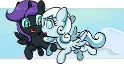 Size: 2415x1247 | Tagged: safe, artist:brella, oc, oc only, oc:nyx, oc:snowdrop, alicorn, pegasus, pony, :o, cloud, duo, duo female, female, filly, flying, foal, hoof hold, open mouth, partially transparent background, sky background, smiling