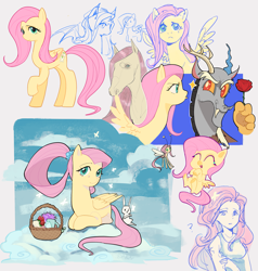 Size: 2429x2550 | Tagged: safe, artist:cajoelwu, angel bunny, discord, fluttershy, bat pony, breezie, horse, human, pegasus, pony, equestria girls, g4, basket, breeziefied, cloud, female, flower, gray background, male, mare, mug, older, older fluttershy, rose, simple background, sparkles, species swap, tongue out