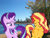 Size: 2048x1536 | Tagged: safe, artist:andoanimalia, edit, editor:jaredking779, starlight glimmer, sunset shimmer, pony, unicorn, g4, arizona, duo, duo female, eyes closed, female, horn, irl, mare, park, photo, pond, ponies in real life, scottsdale, story included, water