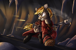 Size: 2400x1600 | Tagged: safe, artist:thescornfulreptilian, oc, oc only, earth pony, cave, female, flamethrower, mare, pyro (tf2), solo, team fortress 2, weapon