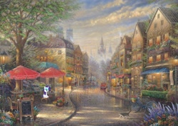 Size: 2500x1776 | Tagged: safe, artist:thomas kinkade, edit, rarity, bird, cat, human, pigeon, pony, squirrel, g4, balcony, banner, bicycle, cafe, car, chair, chimney, church, city, clock, cloud, cloudy, comfy, door, female, flower, fog, germany, germany flag, hedge, horn, lantern, light, male, mare, munich, painting, potted plant, relaxing, rooftop, scenery, shop, signature, sitting, solo focus, street, table, traditional art, tree, window