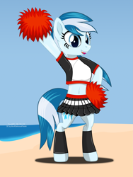 Size: 1875x2500 | Tagged: safe, artist:the_mpc, oc, oc:serene dive, earth pony, pony, anthro, unguligrade anthro, arm hooves, beach, bipedal, breasts, cheerleader, cheerleader outfit, chestbreasts, clothes, excited, happy, leggings, looking at you, ocean, outdoors, pom pom, skirt, solo, tank top, water