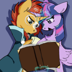 Size: 1080x1080 | Tagged: safe, artist:咸茶吾良夜, sunburst, twilight sparkle, alicorn, g4, book, duo, duo male and female, female, male, ship:twiburst, shipping, straight, twilight sparkle (alicorn)