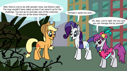 Size: 1920x1080 | Tagged: safe, artist:platinumdrop, applejack, rarity, silver berry, g4, made in manehattan, my little pony: friendship is magic, black vine, commission, dialogue, happy, smiling, speech bubble, talking