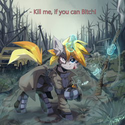 Size: 3000x3000 | Tagged: safe, artist:flightov, oc, oc only, pony, unicorn, fallout equestria, ammunition, ammunition belt, armor, blue eyes, bolt action, bolt-action rifle, car, clothes, dead tree, detailed background, female, gray coat, gun, heterochromia, horn, injured, looking at you, magic, mare, mosin nagant, ncr ranger, ranger, rifle, scar, sniper rifle, solo, stimpak, telekinesis, tree, wasteland, weapon, wreckage, yellow mane