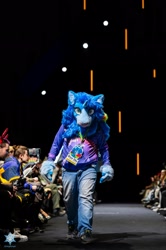 Size: 1363x2048 | Tagged: safe, artist:rs_glide08, artist:scarletwingsfs, oc, oc only, oc:blue sky, 2024, fashion show, fursuit, irl, photo, ponysuit, solo focus