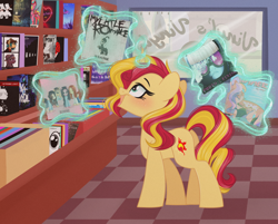 Size: 2440x1963 | Tagged: safe, artist:emberslament, sunset shimmer, pony, unicorn, rainbow rocks 10th anniversary, g4, album cover, blushing, cute, female, happy, heart, heart eyes, horn, magic, mare, open mouth, record, solo, telekinesis, wingding eyes