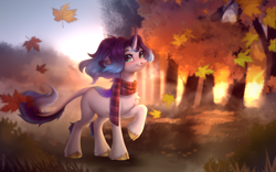 Size: 4800x3000 | Tagged: safe, artist:sparkling_light, oc, oc only, pony, unicorn, autumn, clothes, female, horn, leaves, scarf, striped scarf, tree, unshorn fetlocks