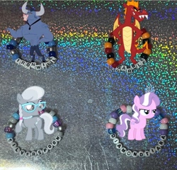 Size: 750x720 | Tagged: safe, artist:lnx1ynight16, part of a set, diamond tiara, garble, iron will, silver spoon, dragon, earth pony, minotaur, pony, g4, antagonist, bracelet, bully, glasses, jerk, jewelry, kandi, smiling, tiara