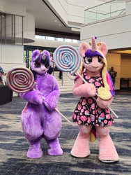 Size: 1536x2048 | Tagged: safe, artist:aclpfilms, artist:qtpony, princess cadance, twilight sparkle, g4, 2024, babscon, candy, duo, duo female, female, food, fursuit, indoors, irl, lollipop, photo, ponysuit