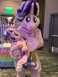 Size: 1536x2048 | Tagged: safe, artist:cinnamonsugar, artist:furtasticstudios, artist:stellacat123, artist:supernova, starlight glimmer, human, pony, unicorn, g4, bag, clothes, fursuit, horn, irl, irl human, photo, plushie, ponysuit, socks, solo, striped socks