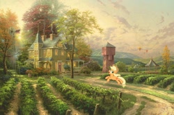 Size: 1200x796 | Tagged: safe, artist:thomas kinkade, edit, applejack, bird, dog, earth pony, pony, g4, barrel, chimney, cloud, cowboy hat, door, female, fence, food, gazebo, grapes, happy, hat, hill, hot air balloon, house, jumping, leaping, mare, nature, painting, scenery, signature, sky, solo, sun, sunset, traditional art, tree, windmill, window