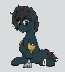 Size: 991x1102 | Tagged: safe, artist:rusty kettle, oc, oc only, oc:essen pottington, earth pony, pony, fallout equestria, amputee, bags under eyes, bandage, blue coat, earth pony oc, fallout equestria: magnum opus, green eyes, male, prosthetic leg, prosthetic limb, prosthetics, solo, stallion