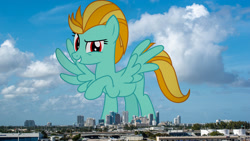 Size: 1920x1080 | Tagged: safe, artist:sketchmcreations, edit, editor:jaredking779, lightning dust, pegasus, pony, g4, alternate eye color, antagonist, attack on pony, evil, female, florida, fort lauderdale, giant pegasus, giant pony, giantess, grin, highrise ponies, irl, looking at you, macro, mare, photo, ponies in real life, raised hoof, red eyes, smiling, spread wings, story included, wings, wrong eye color