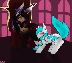 Size: 1569x1359 | Tagged: safe, artist:20bunfoxxx, oc, oc only, oc:alexus nictivia, bat pony, hybrid, pony, blushing, clothes, duo, female, fetish, glasses, hoof fetish, hoof kissing, male, mare, scarf, stallion, throne