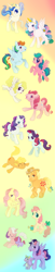 Size: 2853x13916 | Tagged: safe, artist:lezzlesdrawsponies, applejack, applejack (g1), baby ember (g1), firefly, fluttershy, majesty, pinkie pie, posey, princess celestia, rainbow dash, rarity, sparkler (g1), spike, surprise, twilight, twilight sparkle, alicorn, dragon, earth pony, pegasus, pony, unicorn, g1, g4, applejack's hat, baby dragon, cowboy hat, eyes closed, female, flying, g1 six, g1 to g4, g4 to g1, generation leap, gradient background, group, happy, hat, horn, lying down, male, mane seven, mane six, mare, open mouth, prone, raised hoof, raised leg, sleeping, wings, younger