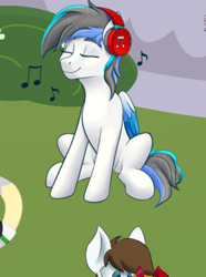 Size: 293x394 | Tagged: safe, artist:fluffyorbiter, oc, oc only, oc:snowy starshine, pegasus, pony, 2024 community collab, derpibooru community collaboration, bush, eyes closed, female, folded wings, grass, happy, headphones, listening to music, music notes, pegasus oc, sitting, smiling, solo focus, water fountain, wings