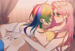 Size: 5102x3449 | Tagged: safe, artist:2545758408, artist:houhou40585601, artist:魔法少女猴猴, fluttershy, rainbow dash, human, g4, female, human female, humanized, lesbian, multicolored hair, rainbow hair, ship:flutterdash, shipping