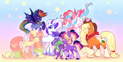 Size: 1280x644 | Tagged: safe, artist:sadelinav, angel bunny, applejack, fluttershy, pinkie pie, rainbow dash, rarity, spike, twilight sparkle, bat pony, dragon, earth pony, pegasus, pony, unicorn, g4, alternate accessories, alternate coat color, alternate color palette, alternate cutie mark, alternate design, alternate eye color, alternate hairstyle, alternate mane color, alternate tail color, alternate tailstyle, appaloosa, applejack's hat, applejacked, bandana, bangs, bat ponified, blaze (coat marking), blonde mane, blonde tail, blue coat, blue eyes, blue hooves, blue pupils, bracer, braid, braided ponytail, braided tail, brown eyelashes, cloven hooves, coat markings, colored eyelashes, colored fetlocks, colored head, colored hooves, colored horntip, colored muzzle, colored pupils, colored wings, cowboy hat, crossed arms, curly mane, curly tail, cutie mark accessory, cutie mark earrings, ear piercing, ear tufts, earring, earth pony fluttershy, eye clipping through hair, eye markings, eyebrows, eyebrows visible through hair, eyeshadow, facial markings, facial scar, fangs, female, fetlock tuft, flying, freckles, frowjn, gradient background, gradient legs, gradient mane, gradient tail, green eyes, green pupils, hair tie, hat, height difference, heterochromia, holding, hooves, horn, horn jewelry, horn ring, impossibly long mane, impossibly long tail, jewelry, lidded eyes, long horn, long mane, long tail, looking at someone, looking at you, magenta eyelashes, magenta pupils, makeup, male, mane seven, mane six, mane six redesign, mare, multicolored mane, multicolored tail, multicolored wings, multicolored wingtips, muscles, neckerchief, nose scar, open mouth, open smile, orange coat, orange hooves, orange pupils, pale muzzle, pegasus pinkie pie, peytral, physique difference, piercing, pink coat, pink eyelashes, pink eyes, pink mane, pink tail, ponytail, profile, purple coat, purple eyelashes, purple eyeshadow, purple hooves, purple mane, purple scales, purple tail, race swap, rainbowbat, raised hoof, redesign, ring, scar, shiny hooves, shiny mane, shiny tail, shiny wings, signature, slit pupils, smiling, smiling at you, smoldash, socks (coat markings), sparkles, sparkly mane, sparkly tail, spread wings, standing, standing on three hooves, stars, stetson, straight mane, straight tail, striped mane, striped tail, tail, tail tie, three quarter view, three toned mane, three toned tail, tied mane, tied tail, two toned horn, two toned wings, underhoof, unicorn horn, unicorn twilight, unshorn fetlocks, wall of tags, wavy mane, wavy tail, white coat, wingless spike, wings, yellow coat, yellow eyes, yellow hooves