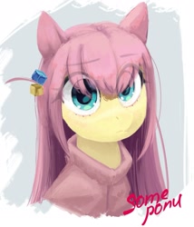 Size: 1781x2077 | Tagged: safe, artist:some_ponu, fluttershy, pegasus, pony, g4, bocchi the rock!, bust, clothes, cosplay, costume, eye clipping through hair, eyebrows, eyebrows visible through hair, female, flutterbocchi, hitori gotoh, looking at you, mare, signature, solo, tracksuit