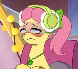 Size: 1212x1080 | Tagged: safe, artist:rsa.fim, edit, edited screencap, screencap, posey bloom, earth pony, pony, g5, my little pony: tell your tale, spoiler:g5, ahegao, blushing, bust, cropped, female, heart, heart eyes, mare, meme, open mouth, sleep mask, solo, tongue out, wingding eyes