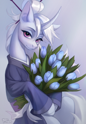 Size: 3000x4300 | Tagged: safe, artist:miurimau, oc, oc only, pony, unicorn, absurd file size, bouquet, chopsticks in hair, clothes, commission, female, flower, high res, hoof hold, horn, kimono (clothing), lidded eyes, looking at you, mare, smiling, smiling at you, solo, tulip