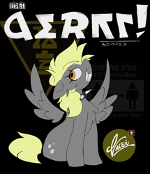 Size: 1256x1463 | Tagged: safe, artist:madiwann, derpy hooves, pegasus, pony, g4, abstract background, choker, female, mare, solo, spiked choker, symbol, text