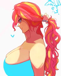 Size: 1600x2000 | Tagged: safe, artist:sozglitch, sunset shimmer, human, g4, alternate hairstyle, big breasts, breasts, bust, busty sunset shimmer, cleavage, female, floating heart, heart, huge breasts, humanized, looking at you, nail polish, ponytail, profile, simple background, smiling, smiling at you, solo, white background