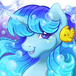 Size: 1200x1200 | Tagged: safe, artist:sparkytopia, oc, oc only, oc:seaglass paradise, alicorn, fish, pony, bangs, blue coat, blue mane, bubble, bust, female, freckles, glitter, gradient mane, heart, heart eyes, looking at you, mare, open mouth, open smile, portrait, purple eyes, signature, smiling, solo, water mane, wingding eyes