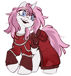 Size: 1500x1600 | Tagged: safe, artist:crimmharmony, oc, oc only, oc:glimmerlight, pony, unicorn, fallout equestria, fallout equestria: murky number seven, brotherhood of steel, clothes, fanfic art, female, horn, looking away, open mouth, simple background, smiling, solo, transparent background