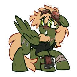 Size: 1300x1300 | Tagged: safe, artist:crimmharmony, oc, oc only, oc:murky, pegasus, pony, fallout equestria, fallout equestria: murky number seven, bandage, clothes, fanfic art, floppy ears, goggles, goggles on head, looking away, male, nervous, nervous smile, pipbuck, simple background, smiling, solo, transparent background