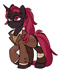 Size: 1400x1700 | Tagged: safe, artist:crimmharmony, oc, oc only, oc:protege, pony, unicorn, fallout equestria, fallout equestria: murky number seven, bandage, clothes, eyewear, fanfic art, horn, long mane, long tail, looking forward, male, ponytail, simple background, solo, tail, transparent background