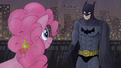 Size: 3840x2160 | Tagged: safe, artist:sewaddle36, derpibooru exclusive, boneless, pinkie pie, earth pony, human, pony, g4, batarang, batman, cape, city, cityscape, clothes, confetti, crossover, dc comics, duo, duo male and female, female, male, mare, night, rain, rooftop, smiling, text