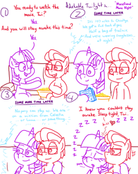 Size: 4779x6013 | Tagged: safe, artist:adorkabletwilightandfriends, twilight sparkle, oc, oc:lawrence, alicorn, pony, comic:adorkable twilight and friends, g4, adorkable, adorkable twilight, blues brothers, bowl, candy, canon x oc, cheek kiss, cheek squish, comic, cookie dough, couch, cuddling, cute, dork, eyes closed, female, food, glasses, happy, holding, holding a pony, kissing, leaning, love, male, movie, movie reference, palindrome get, popcorn, relatable, relationship, sitting, sleeping, sleepy, slice of life, snacks, snoring, snuggling, squishy cheeks, straight, tired