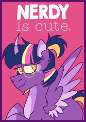 Size: 1130x1600 | Tagged: safe, artist:fuckomcfuck, oc, oc only, oc:twinkle shine, alicorn, pony, body markings, colored pinnae, colored wings, curved horn, facial markings, freckles, glasses, horn, inspired by another artist, nerdy is cute, ponytail, purple coat, redraw, solo, spread wings, star freckles, text, three toned mane, two toned wings, wings, yellow eyes